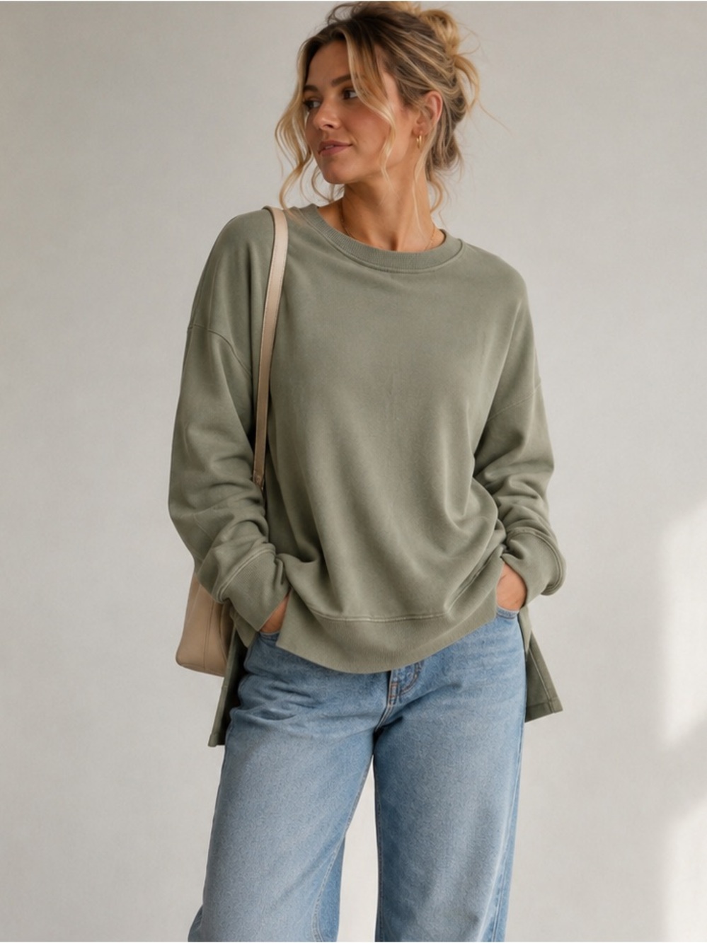 Aerie Sweatshirt Cotton Blend Side Slit Sage Green XS Oversized Pullover